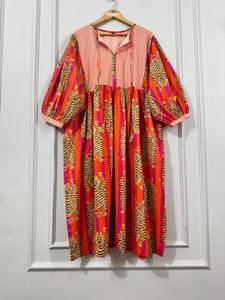 Robe mi-longue en coton pour femme, imprimé rayures tigrées, couleur vive, style ethnique bohème, coupe ajustée, boutonnée, collection été, boutique, teinte unie - Product Image 4