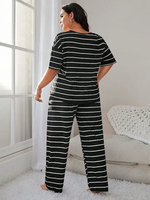 Piyama Wanita Bergaris Katun Jersey Set Kaos dan Celana Ukuran Besar Multiwarna Santai Nyaman Bernapas Pakaian Rumah Loungewear Grosir