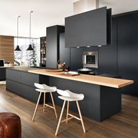 Meubles de cuisine minimalistes sans poignées Vermont, gris foncé mat, porte en plaque, finition bois brillant-mat