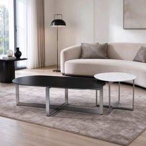<b>Nesting</b> <b>Coffee</b> <b>Table</b> Set of 2 Black Oval Top and White <b>Round</b> Side <b>Table</b> Chrome Metal Frame Living Room Center <b>Table</b> Villa Lounge - Product Image 1