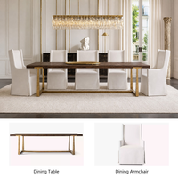 Ensemble de table à manger rectangulaire extensible de luxe discret avec base en métal moulé à la main, plateau en bois et chaise à accoudoirs en tissu