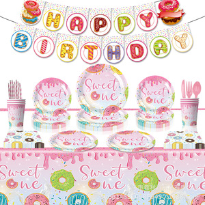 Articles de fête Donut : Vaisselle en papier 40-60 pièces, décorations d'anniversaire écologiques, impression numérique ronde - Product Image 1