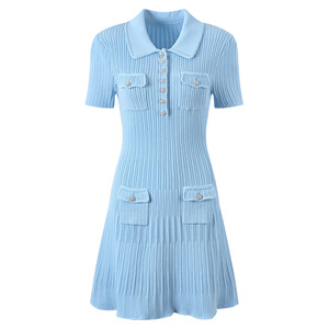 Vintage elegante estilo 2024 primavera señora Turn-Down Collar manga corta mujeres de punto de lentejuelas ajustado con volantes Vestido corto sólido - Product Image 4
