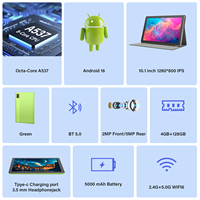 Tablet Android 16 de 10.1 Pulgadas, Modelo 2026, con Procesador Octa Core A537, Batería, WiFi 6 2.4G+5G y Pantalla IPS HD para Streaming y Juegos