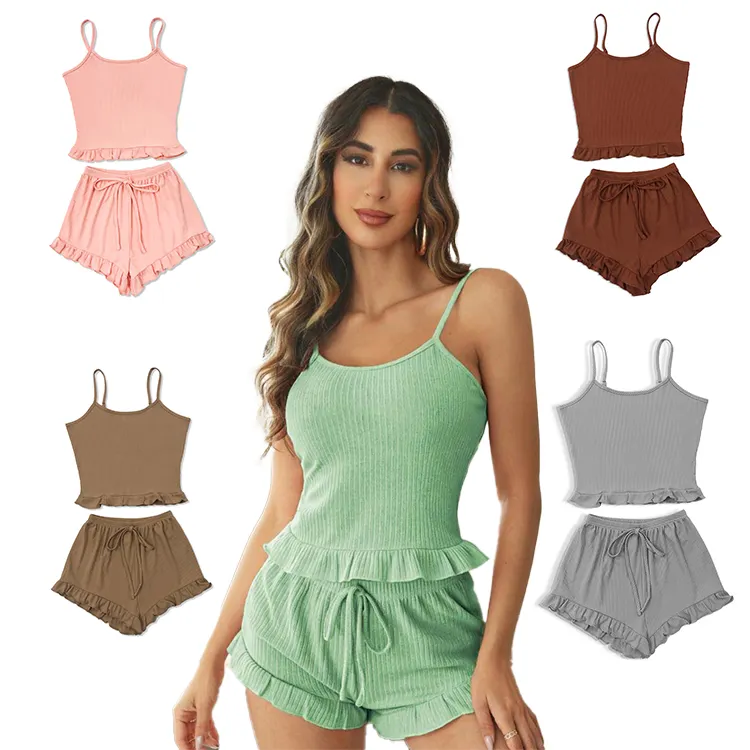 Summer Elastic Waist Pajama Set Rib-Knit Night Dresses for Women Sleeping