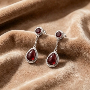 Ear enlace oem odm 925 Sterling Silver Double Garnet <b>Chain</b> Dangle <b>Earrings</b> Custom Wholesale Natural Gemstone Jewelry For Women - Product Image 3