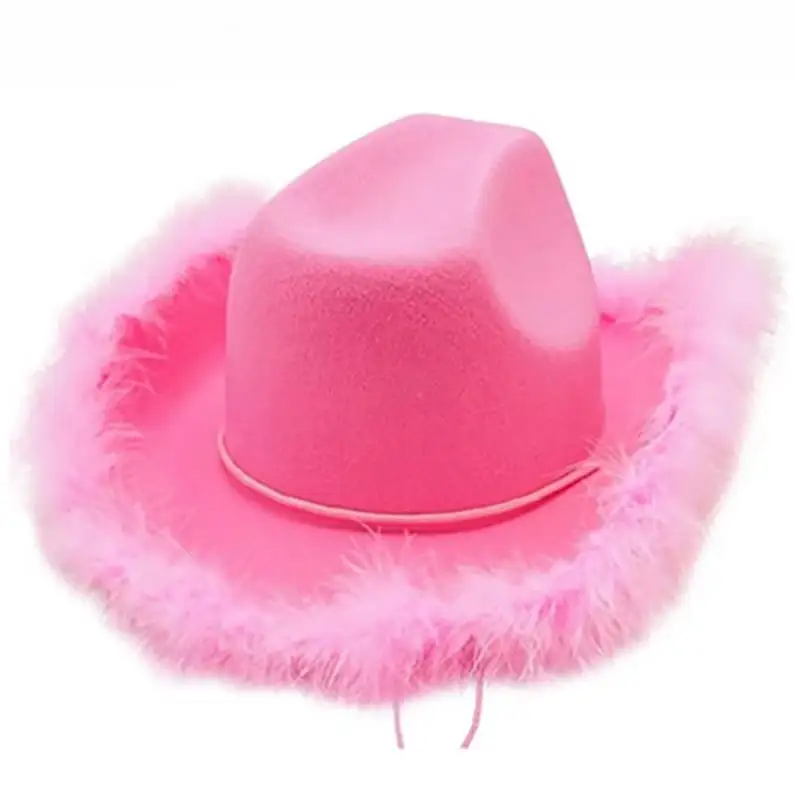 New Pink Estilo Ocidental Cowgirl Chapéus Para As Mulheres Menina Laminados Fedora Chapéu Festa Borda Pena Rosa Chapéu Cowboy