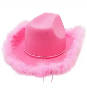 新款粉色西式女帽女帽卷软呢帽派对羽毛边粉色牛仔帽