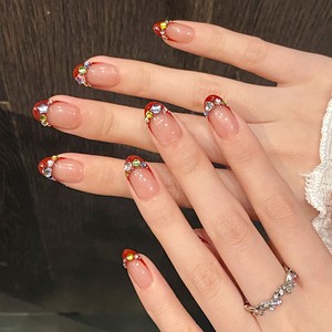 Faux ongles en acrylique de style français <span class=keywords><strong>rouge</strong></span> faits à la main 10 pièces faux ongles courts en <span class=keywords><strong>strass</strong></span> pour salon d'art des ongles ongles en gros - Product Image 3