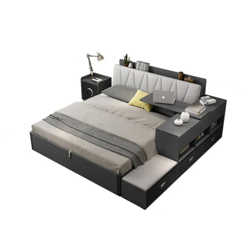 Mobiliário moderno exclusivo de parede de madeira, design elegante, para quarto, cama mestre com armário lateral