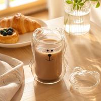 Tasse en verre borosilicate soufflé à la main en forme d'ours, à double paroi isolante, avec couvercle en forme d'ours, design bicolore, pour thé au lait et café
