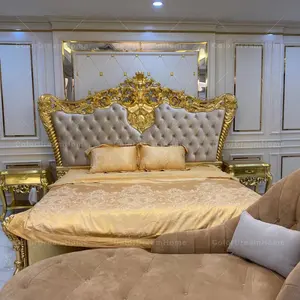 Klassieke Nieuwste Ontwerpen Luxe Gouden Antieke Bedden Houten Kingsize Tweepersoonsbed Voor Slaapkamermeubilair