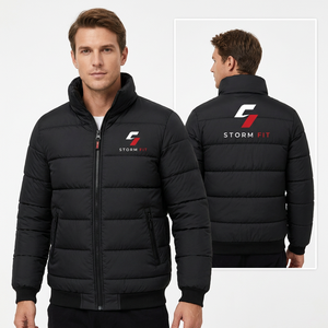 Customized Men's Winter Black Puffer <b>Jacket</b> Stand Collar Zipper Closure Windproof Casual Solid Color 100% Polyester - Product Image 1