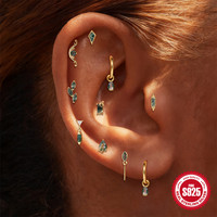 Bijou d'oreille en argent sterling 925 pour femme, motif géométrique, agate aquatique naturelle, tête plate, filetage interne 16G, pour cartilage