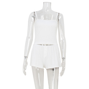 Ensemble de pyjama décontracté deux pièces pour femme, couleur unie, coupe ajustée, caraco et short, bleu clair, en polyester, pour l'été - Product Image 5