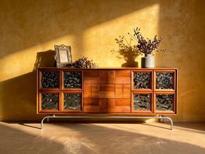 Midcentury Modern Solid Wood <b>Sideboard</b> Cabinet with Textured Glass Panels and Metal Base for Living Room <b>Storage</b> - Product Image 5