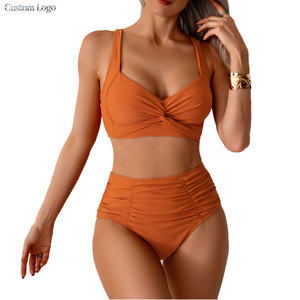 Costume da Bagno Bikini a Vita Alta con Logo Personalizzato, Sexy con Push-up e Arricciature, per Donne Taglie Forti, Ideale per Spiaggia e Feste in Piscina - Product Image 1