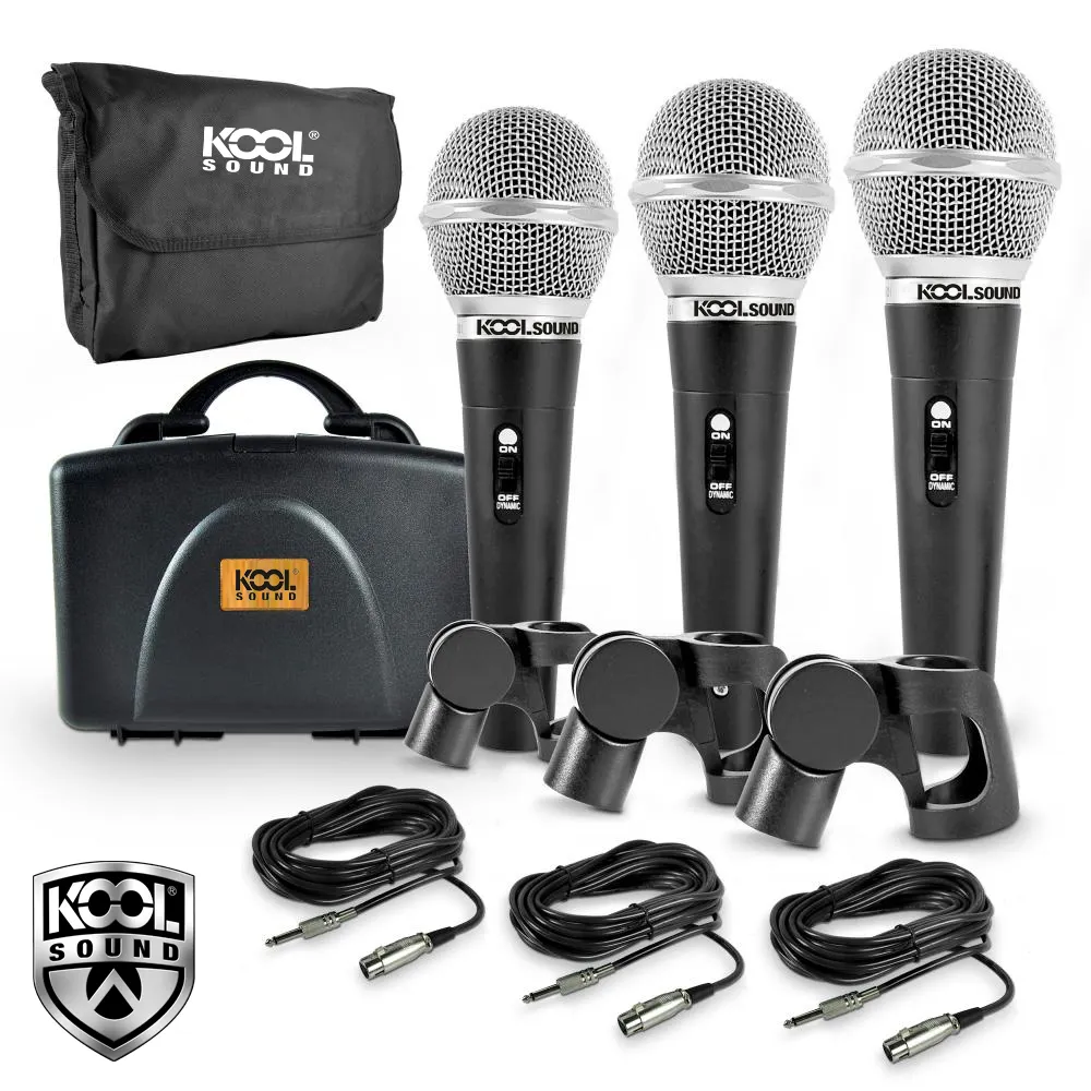 KOOL SOUND 3 Piece Professional Dynamic Microphone Kit Cardioid Unidirectional Vocal Handheld MIC