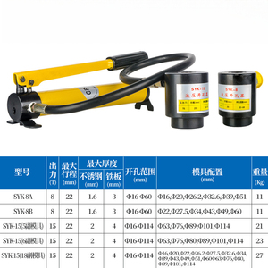 La machine de découpe de trous hydraulique manuelle SYK-8A/8B/15 est conçue pour la découpe de tôles en acier inoxydable et de fer mince. - Product Image 4