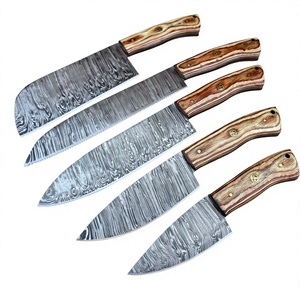 Ensemble de couteaux de cuisine en acier Damas, 5 pièces, manche en bois, lames droites, couteaux de chef, lame polie, ambidextres, haute qualité, 58-60HRC - Product Image 5
