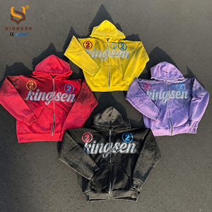 เสื้อฮู้ดซิปผ้าฝ้ายแท้ 100% สไตล์วินเทจ ล้างสีแล้ว พิมพ์โลโก้ตามสั่ง สตรีทแวร์ผู้ชาย แต่งลายขาดๆ ประดับคริสตัล - Product Image 1