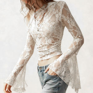 Nouveaux vêtements pour femmes en gros, style Y2K, dentelle douce, épaules dénudées, manches évasées, légèrement transparentes, cache-maillot - Product Image 3