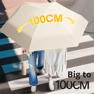 Parapluie pour femme à ouverture semi-automatique, pliable en trois sections, avec poignée rétractable à 50 %, revêtement noir, protection solaire, double usage, design moderne - Product Image 2