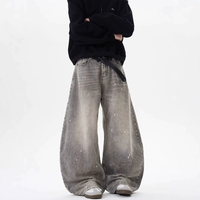 Jean droit gris délavé style américain rétro de haute qualité, brodé, léger, pour hommes et femmes, été et hiver