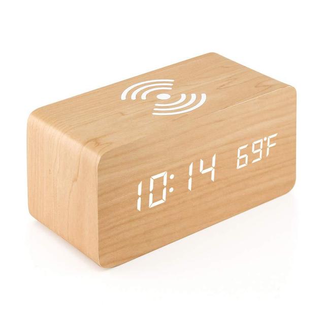 Alarm Clock LED Digital Wooden USB Powered Table With Temperature Humidity Wireless Charger Station Electronic Desk Clocks