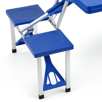 Table de pique-nique pliante bleue 4 places avec banc et trou pour parasol, structure en aluminium, portable pour le camping