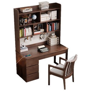 Solid Wood <b>Desk</b> With Bookshelf Walnut Color Modern Minimalist <b>Study</b> <b>Desk</b> For Home Office Student Bedroom Computer Workstation - Product Image 5