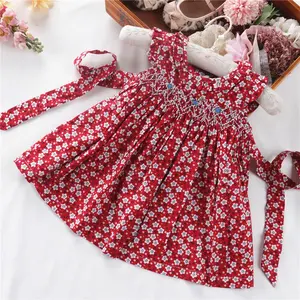 9-36 Month Hand Made Embroidery Red Flower Infant Girls Smocked Dresses Kids Baby Ruffles Sleeveless Dress Boutiques