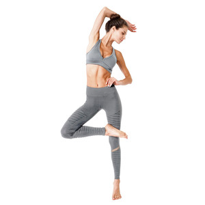 Leggings athlétiques à taille basse côtelés avec poche cachée et empiècements en mesh - Gris - Product Image 1