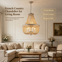 Lustre à 6 lumières en perles de bois vieilli, finition noire, certifié ETL, lumière blanche chaude, pour la décoration du salon