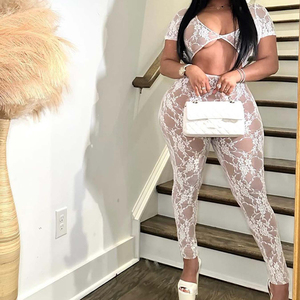 GX24012 Tuta Intera da <span class=keywords><strong>Donna</strong></span> alla Moda, Nuova Collezione Streetwear, Manica <span class=keywords><strong>Corta</strong></span>, Traforata e Trasparente, per Night Club, in Pizzo - Product Image 2