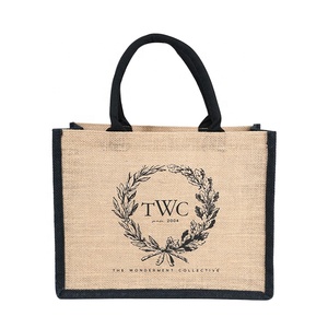 Custom Logo Natural Black <strong>Jute</strong> <strong>Bag</strong> Hessian Shopper <strong>Tote</strong> <strong>Bags</strong> With Strong Handles - Product Image 2