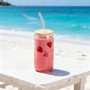 Gobelet à café en verre transparent de forme cylindrique de haute qualité, fabriqué directement par l'usine CnGlass, bouteille à boire pour le lait et le jus avec couvercle en bambou et paille - Product Image 5