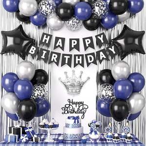 Décoration d'<span class=keywords><strong>anniversaire</strong></span> bleu marine et noir <span class=keywords><strong>pour</strong></span> hommes avec bannière de ballons bleus et noirs, rideaux à franges, ballons en feuille, décoration de gâteau - Product Image 1
