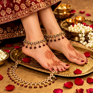 Paire de chevillères de mariée plaquées or avec perles et pierres noires et blanches, bijoux de pied traditionnels indiens pour mariage, vente en gros - Product Image 1