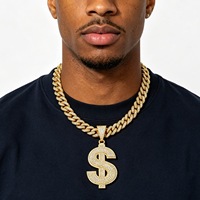 Nouvel Arrivage Collier Bling Hip Hop avec Pendentif Symbole Dollar en Alliage Entièrement Sertie de Strass et Chaîne Cubaine 14MM, Vente en Gros