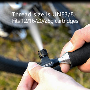 Inflador de CO2 de aire negro, bomba de neumáticos de bicicleta compatible con válvula <span class=keywords><strong>Presta</strong></span> y Schrader para bicicletas de montaña y carretera con funda aislada - Product Image 3