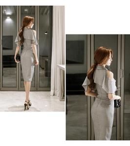 Abito Estivo Grigio con Spalle Scoperte, Maniche Corte, Scollatura a V, Vestito Aderente da Donna con Cintura, Sexy ed Elegante per Feste, Abito Midi a Tubino - Product Image 3