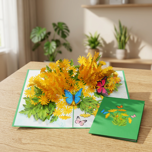 Carte de vœux florale 3D pop-up faite à la main, fleurs de marguerite jaunes, papillons, art de la découpe de papier, artisanat, forme personnalisée, design découpé à la forme - Product Image 5