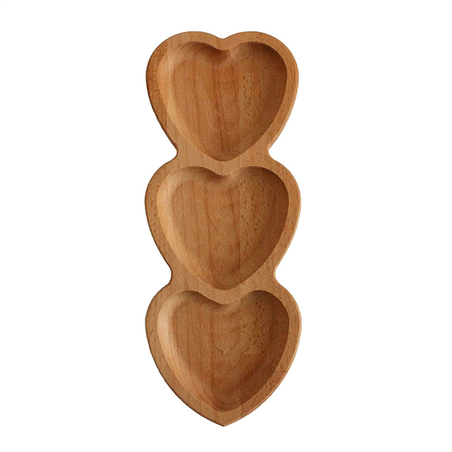 SLT 3 Compartments Unique Jewelry Tray Wood Dry Fruit Tray Heart Shape Wooden Serving Tray