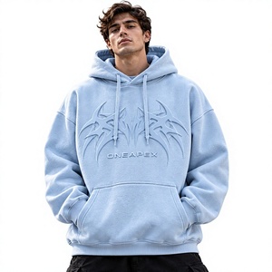 เสื้อฮู้ดดี้ผู้ชาย ONEAPEX สีฟ้าอ่อน ลายนูน ทรงโอเวอร์ไซส์ สไตล์สตรีทแวร์ ผ้าคอตตอนหนานุ่ม สวมใส่สบาย - Product Image 1