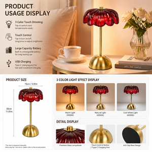 Lampada da Tavolo Moderna Senza Fili, Ricaricabile, LED, Vetro Rosso, Dimmerabile al Tocco, <span class=keywords><strong>a</strong></span> <span class=keywords><strong>Batteria</strong></span>, per Illuminazione d'Ambiente in Ristoranti e Bar - Product Image 2
