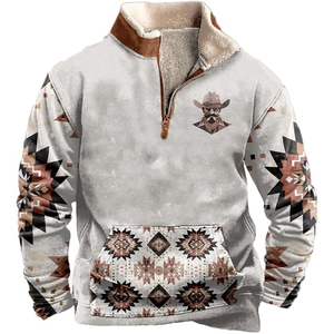 אופנה חורף בסגנון קאובוי מערבי pulover, סווטשירט רוכסן צווארון פרווה, מותאם אישית סובלימציה גברים בגדים - Product Image 1