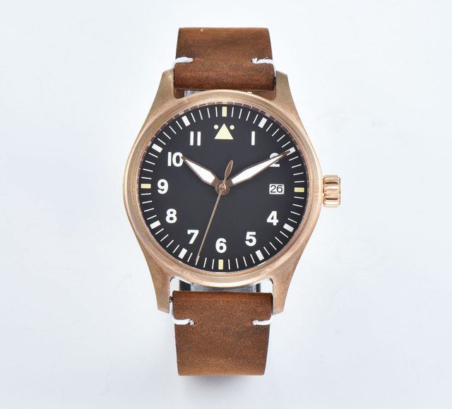 Dive Watch Automatic Sapphire Crystal Big Pilot Watch,Solid Bronze Watch With Leather Strap