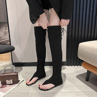 Bottes longues noires pour femme en tissu extensible, style sandales romaines, à bout fermé, au-dessus du genou, talons plats, grandes tailles