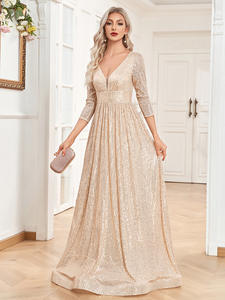 Abito da Sera Donna con Scollo a V, Maniche Lunghe, Paillettes, Estivo, Antistatico, Naturale, Novità 2025, Elegante per Matrimoni, Feste e Cerimonie - Product Image 3